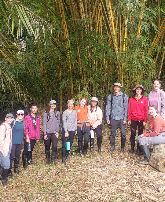 Hall - The «Ӱҵ contingent on their last hike in the Amazon. “We went to see the Ojé tree! It was massive. This picture is at a pit stop with Bamboo tree behind us.”